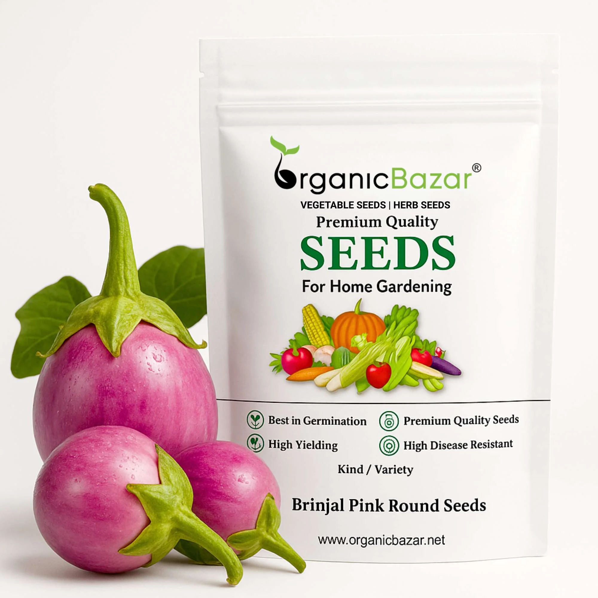 Brinjal Pink Round F1 Hybrid Seeds - (50 Seeds) High Germination/ High Yield / Ideal for Terrace/Kitchen Gardening (Pink Baingan/Eggplant/गुलाबी बैंगन के बीज)