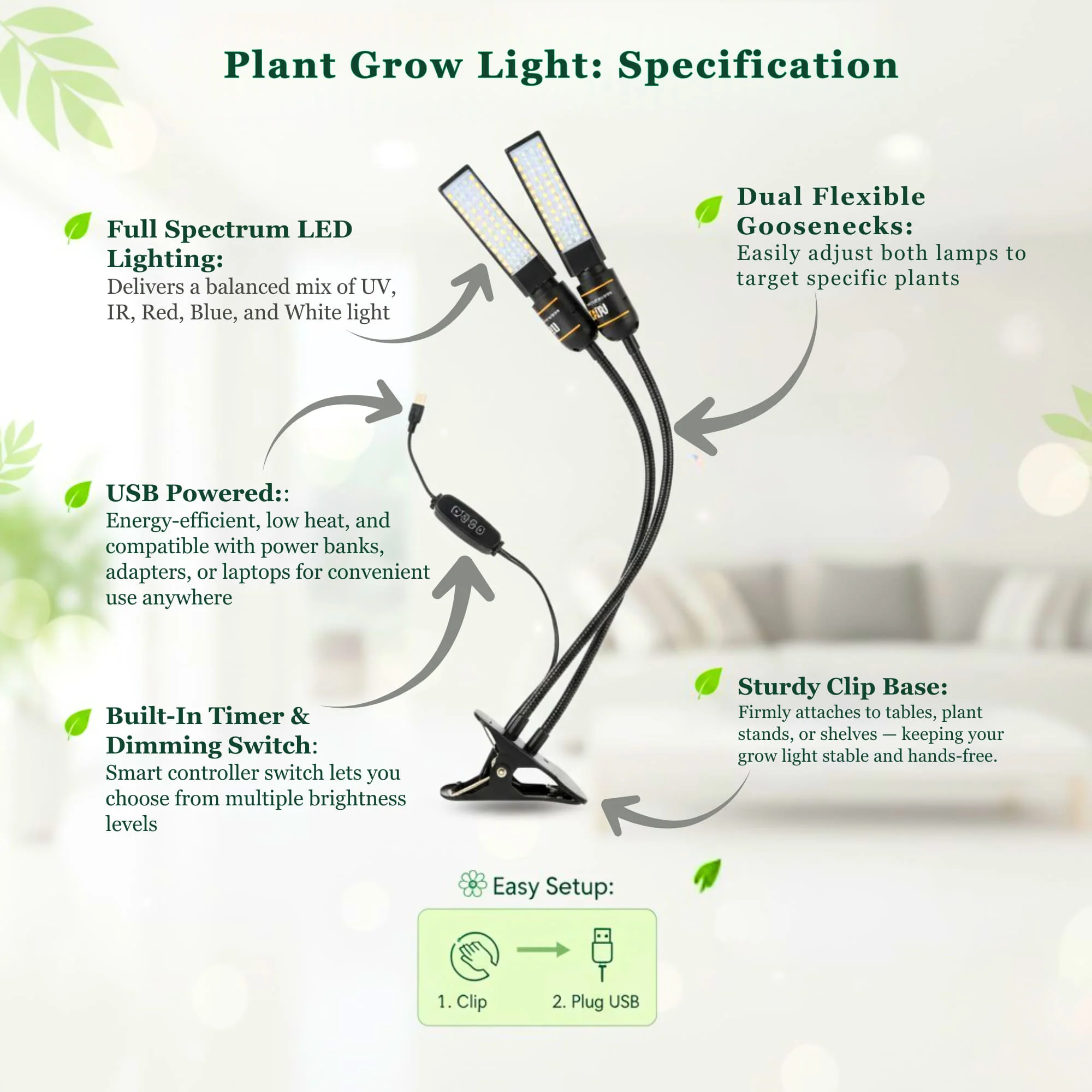 Grow Light with Full Spectrum LED for Indoor Plants — Dual Head with Adjustable Gooseneck & Smart controller switch - Image 5