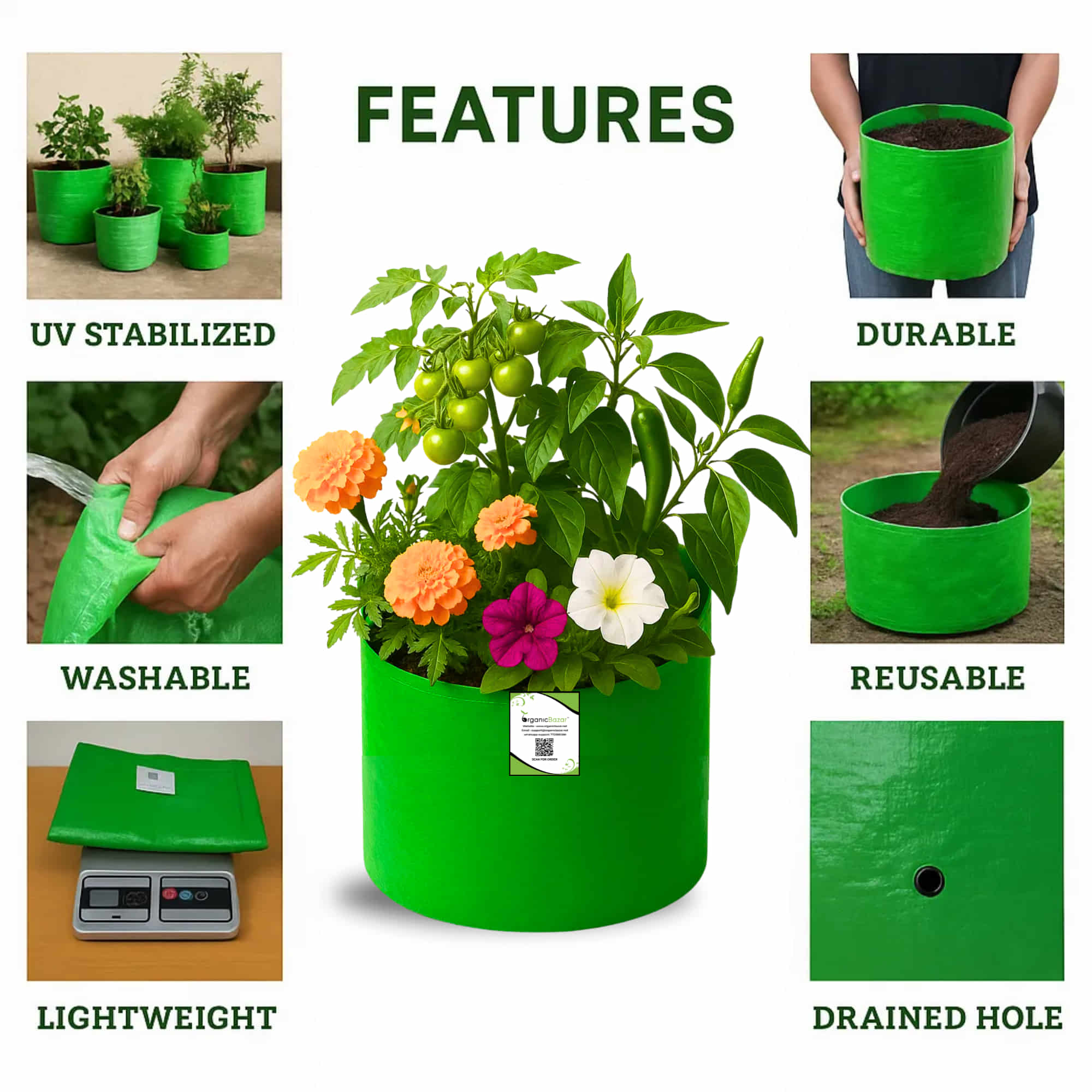 OrganicBazar 15x9 Grow Bag for Terrace Garden, Premium HDPE 260 GSM, Green Plant Bags - Image 7
