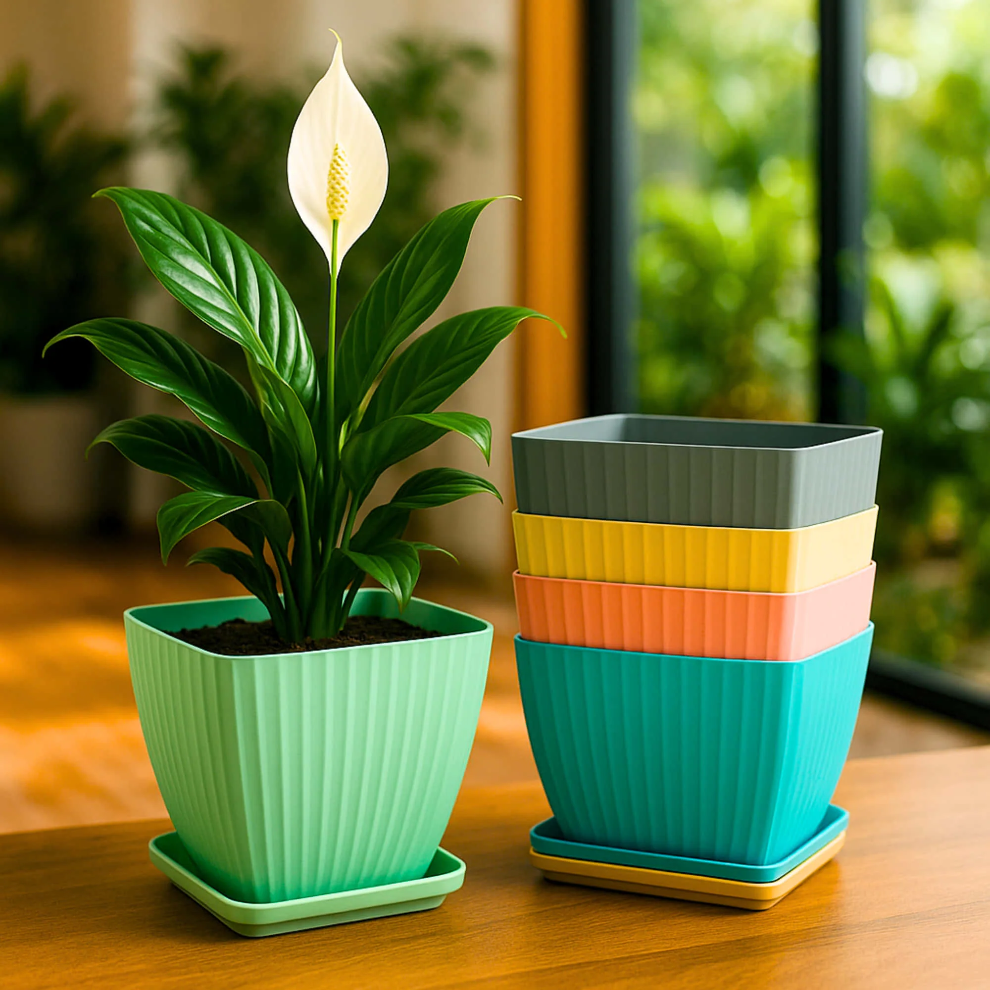 Plastic Flower Pot with Tray (Multicolor, Pack of 5) - Image 2