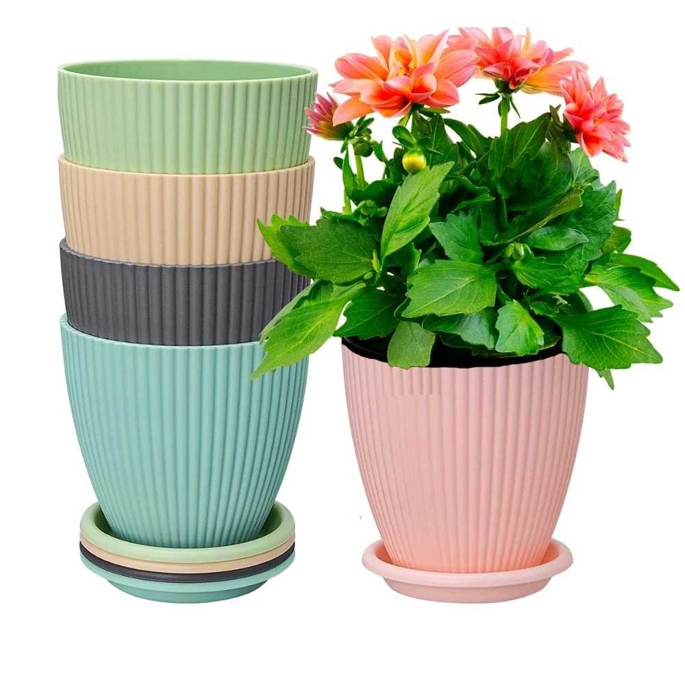 Plastic Flower Pot with Tray (Multicolor, Pack of 5) - Image 3