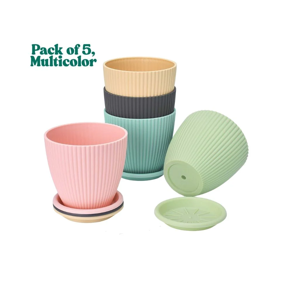 Plastic Flower Pot with Tray (Multicolor, Pack of 5) - Image 4