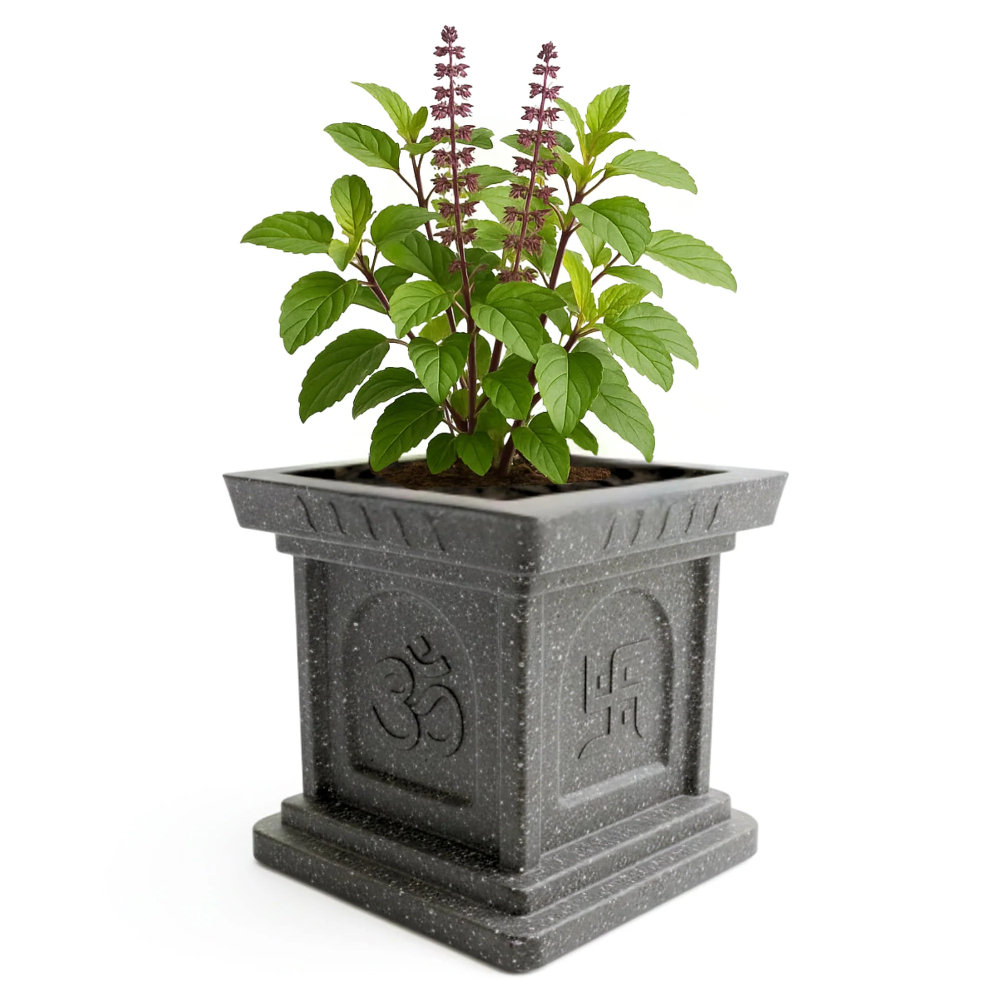 Roto Mould Tulsi Pot with 10+ Years Durability | Tulsi Container for home temples, pooja rooms, and gardens | 4 Sacred Carvings | White & Grey Colors - Image 7