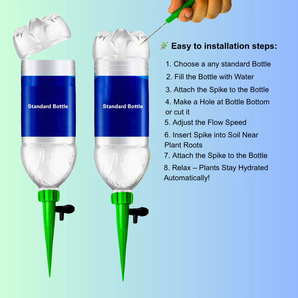 Self-Watering Spike Drip Irrigation System for Indoor & Outdoor Plants | Adjustable Flow Control | Vacation Plant Waterer (Pack of 10) | OrganicBazar - Image 2