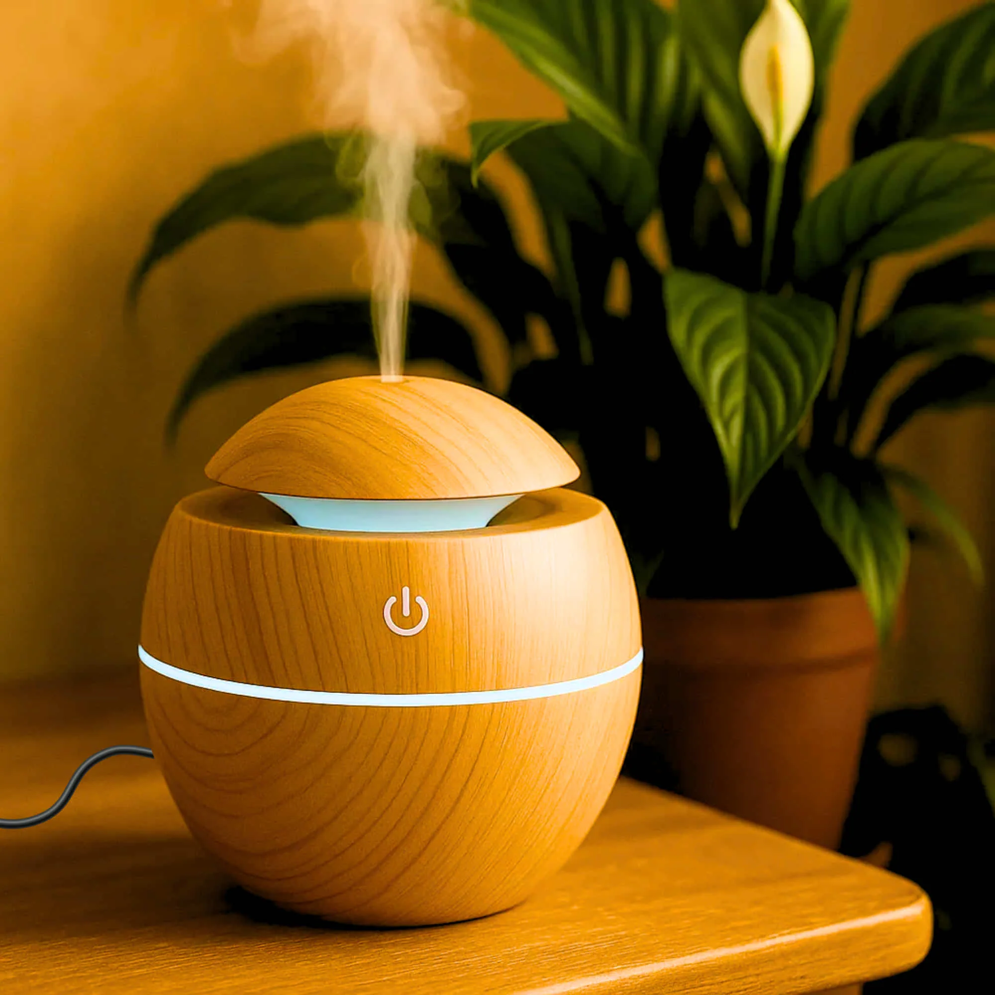 Wooden Color Cool Mist Humidifier cum Essential Oil Diffuser with Colorful Changing Lights for Indoor Garden, Car, Office, & Room (Light Brown, Pack of 1)