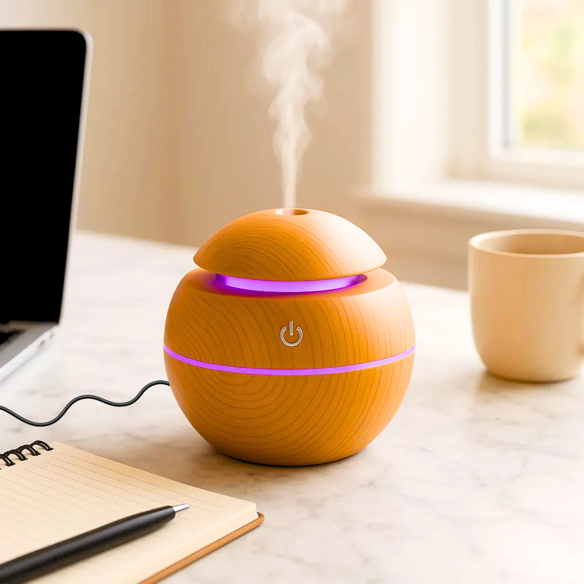 Wooden Color Cool Mist Humidifier cum Essential Oil Diffuser with Colorful Changing Lights for Indoor Garden, Car, Office, & Room (Light Brown, Pack of 1) - Image 2